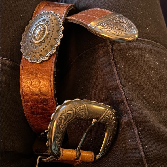 Accessories - Women’s Western Silver Antique Tone Concho Reptile Embossed Brown Belt 30